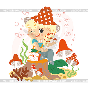Cute Cartoon Mermaid with mushroom - vector clipart