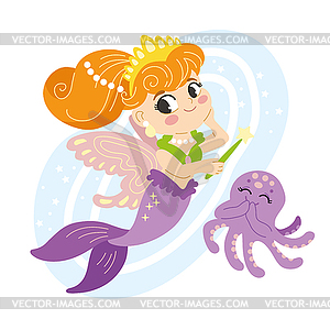 Cute Cartoon Mermaid fairy and octopus - vector clip art