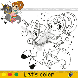 Kids coloring cute mermaid ride on seahorse - color vector clipart