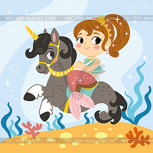 Mermaid and seahorse under sea - vector clipart
