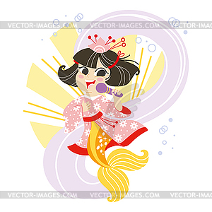 Cute cartoon mermaid in kimono - vector image