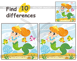 Find 10 differences with mermaid and fishes - vector clipart / vector image