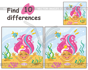 Find 10 differences with cute mermaid - vector image