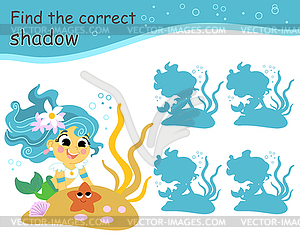Find correct shadow mermaid with starfish - vector clip art