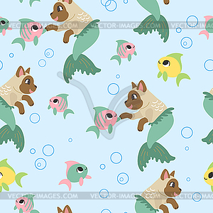 Seamless pattern with cat mermaid - vector image