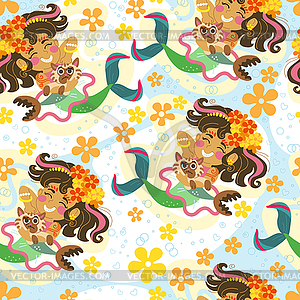 Seamless pattern with mermaid and cat - vector EPS clipart