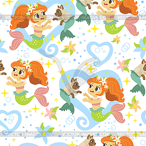 Seamless pattern with funny mermaids and cats - vector clip art