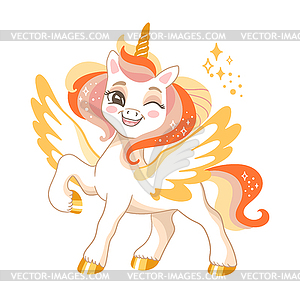 Cute cartoon character happy unicorn - vector image