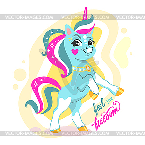 Cute cartoon character happy unicorn - vector clip art