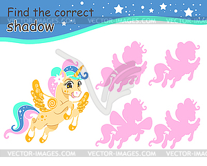 Find correct shadow yellow happy unicorn - vector image