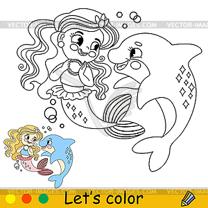 Kids coloring little mermaid with dolph - vector clip art