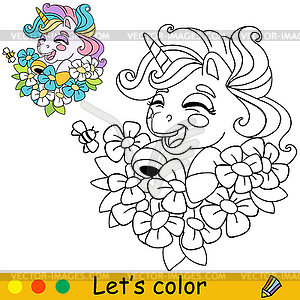 Cartoon unicorn kids coloring book page - vector clip art