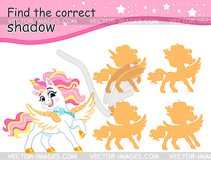 Find correct shadow funny wingled unicorn - vector clipart