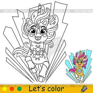 Cartoon cute running unicorn kids coloring book page - stock vector clipart