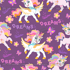 Seamless pattern wingled unicorns purple - vector image