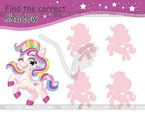 Find correct shadow funny joyful baby unicorn - vector clip art