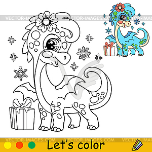 Coloring cute Christmas dragon girl - color vector clipart