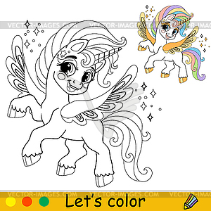 Lets color cute unicorn pegasus coloring - vector image