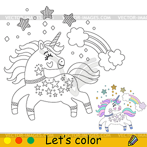 Unicorn with rainbow coloring pages for kids - vector clipart