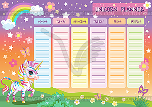 School schedule with cute zebra unicorn - stock vector clipart