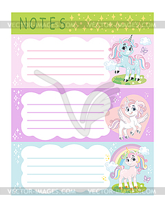 Memo pages with cute unicorns set - vector clip art