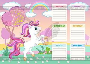 School schedule with cute cartoon unicorn - royalty-free vector image