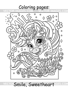 Милый единорог с надписью smile coloring - клипарт в векторе / векторное изображение