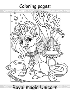 Раскраска единорога и надпись royal magic - векторный графический клипарт