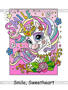 Cartoon unicorn with flowers and lettering smile - vector clipart