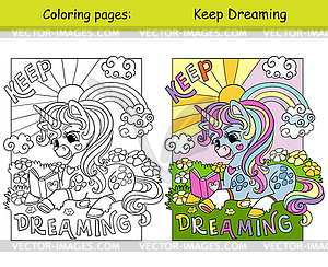 Unicorn with flowers and lettering coloring and - vector clipart
