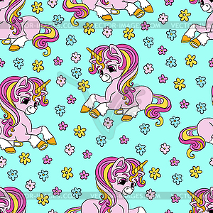 Seamless unicorns pattern on turquoise background - vector image