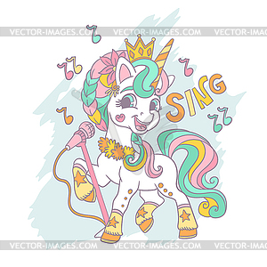 Greeting card with cute singing unicorn and - vector clipart