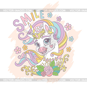 Greeting card with cute cartoon unicorn portrait an - stock vector clipart
