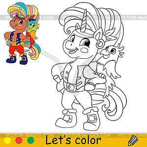 Coloring with color template unicorn pirate - vector clipart / vector image