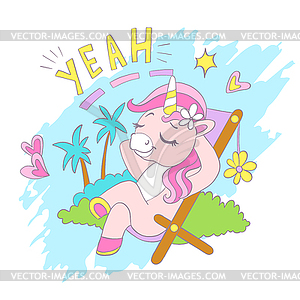 Greeting card with cute unicorn relaxing on beach - vector image