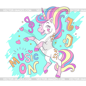 Greeting card with cute dancing unicorn and - vector clip art