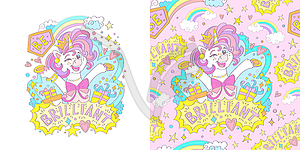 Birthday unicorn and seamless pattern - stock vector clipart