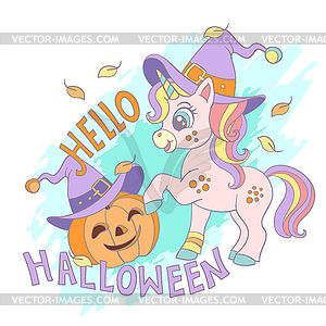 Hello Halloween card with unicorn - vector image