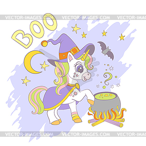 Halloween card with unicorn witch with pot - vector image
