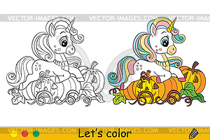Halloween coloring cute unicorn on pumpkins - vector clipart