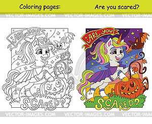 Halloween coloring with color sample unicorn and bat - vector clipart