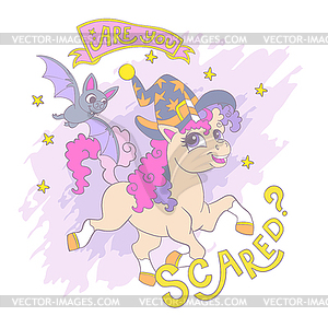 Halloween card with unicorn and bats - vector clip art