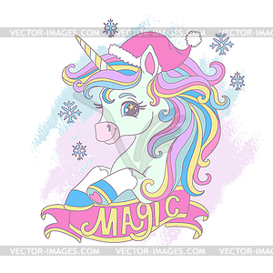 Cute Cartoon Christmas Unicorn and lettering magic - vector clipart