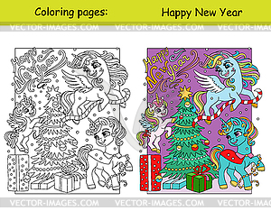Kids coloring and color sample unicorns decorates - royalty-free vector image
