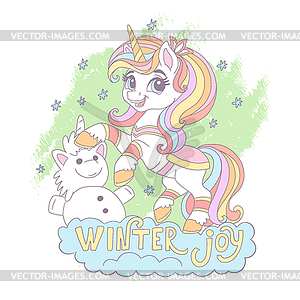 Christmas card with Cute Cartoon Unicorn and snowman - vector clipart / vector image