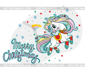 Christmas flying Unicorn and lettering merry - vector clipart