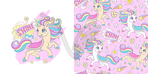 Cute shine unicorn and seamless pattern set - vector image