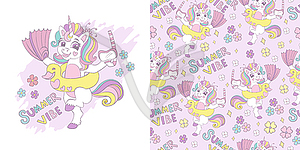 Cute unicorn in dress and seamless pattern - royalty-free vector clipart