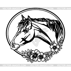 Portrait of Horse and flowers in circle - vector image