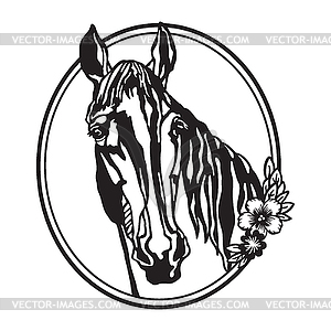 Elegant horse head with flowers in oval - vector clipart